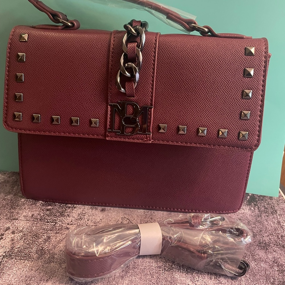Badgley Mischka Burgundy Satchel with Chain Detail